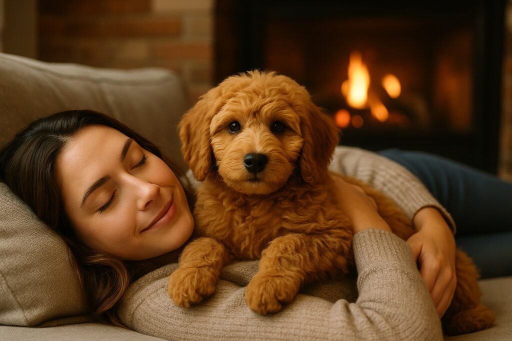 woman cuddling puppy in front of a fireplace