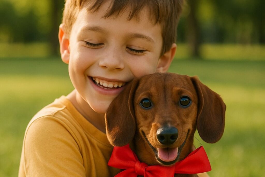 boying happily hugging a dachshund puppy