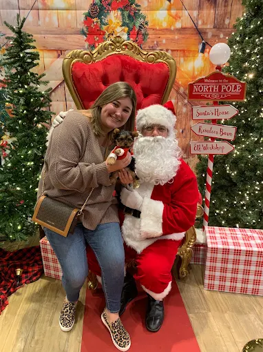 A woman and a puppy posing beside Santa